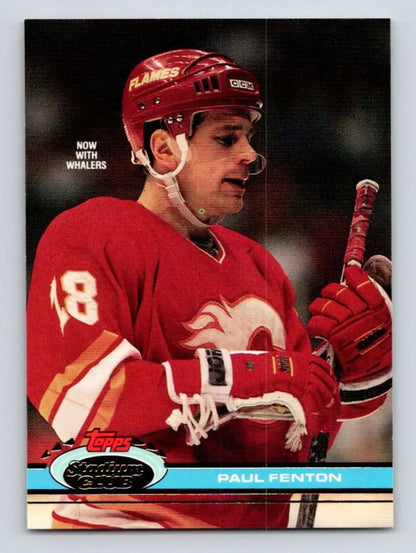 Hockey player in red Calgary Flames jersey linked to Paul Fenton Hartford Whalers card