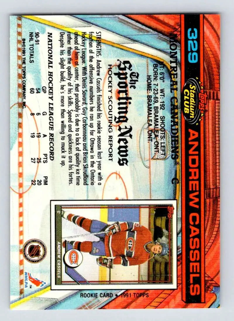 Hockey card of Andrew Cassels in a Montreal Canadiens uniform from 1991-92 Topps