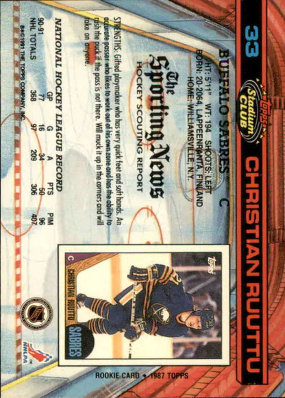Trading card of Christian Ruuttu in dark uniform for Buffalo Sabres Topps Stadium Club