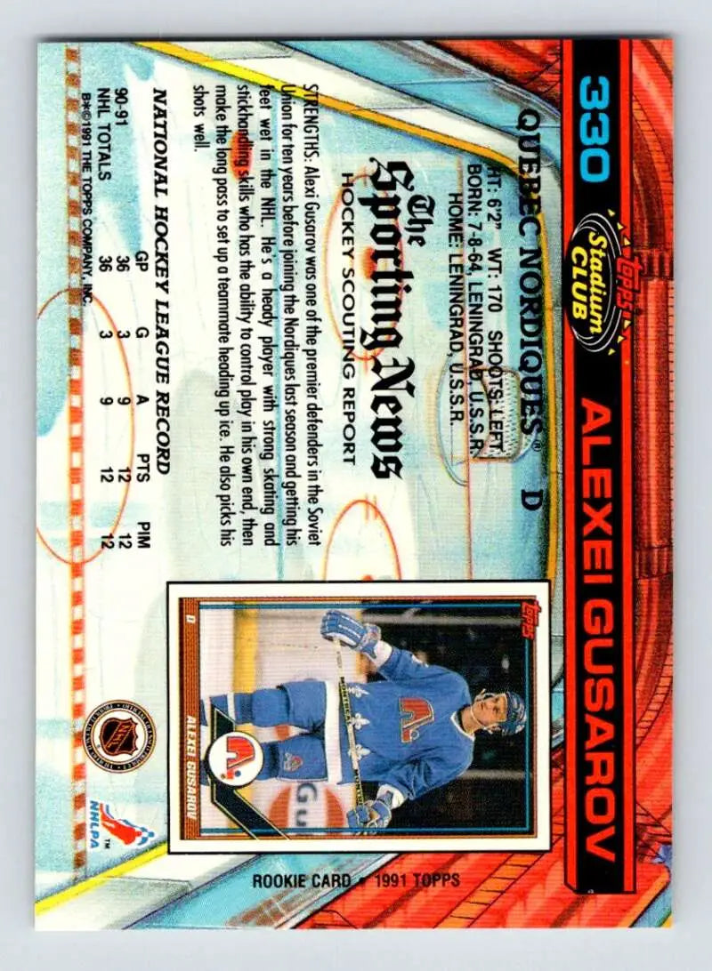Hockey card featuring holographic design of Quebec Nordiques Alexei Gusarov 1991-92 Topps Stadium Club