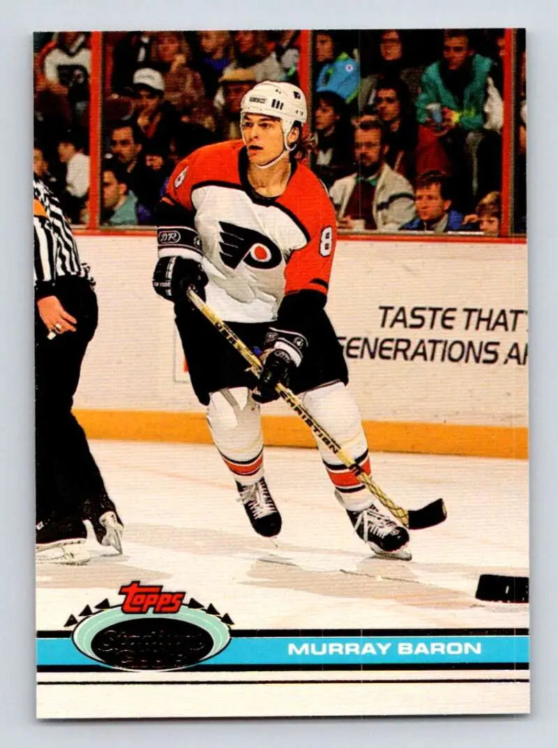 Vintage Topps Stadium Club hockey card of Murray Baron with Philadelphia Flyers on ice