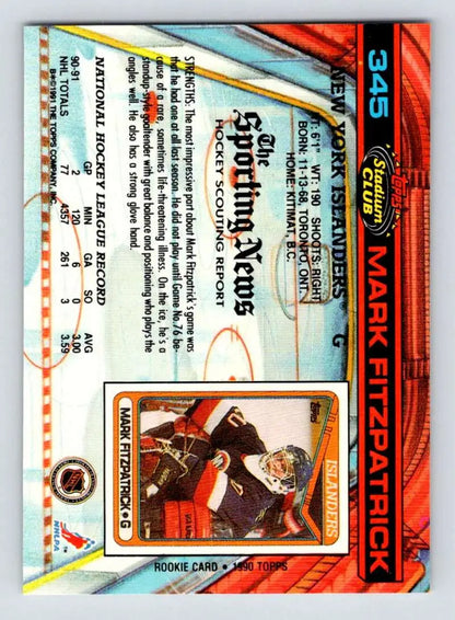 1991-92 Topps Stadium Club Mark Fitzpatrick New York Islanders Hockey Card design