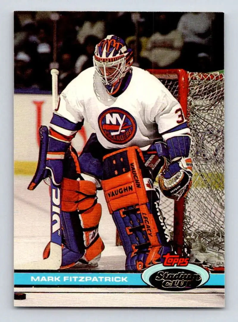 Hockey goalie in New York Islanders jersey and equipment, Mark Fitzpatrick Topps Stadium Club