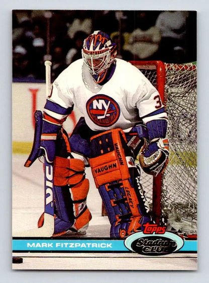 Hockey goalie in New York Islanders jersey and equipment, Mark Fitzpatrick Topps Stadium Club