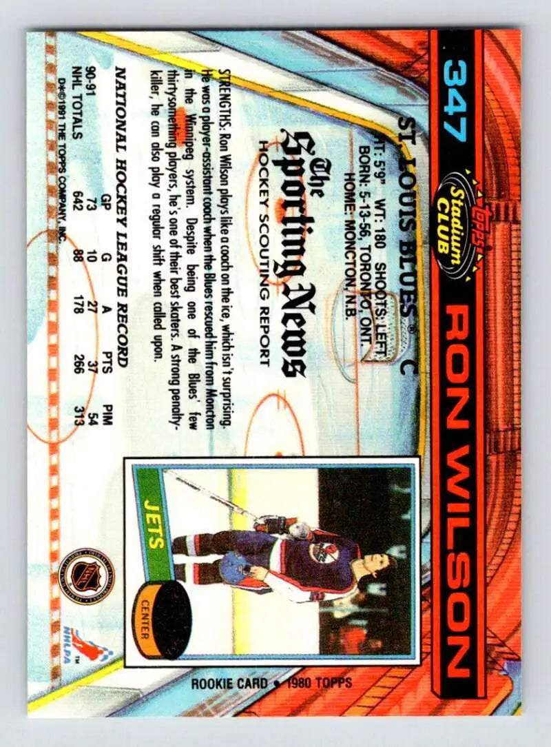 Ron Wilson Louis Blues hockey card featuring player photo and stats from 1991-92 Topps