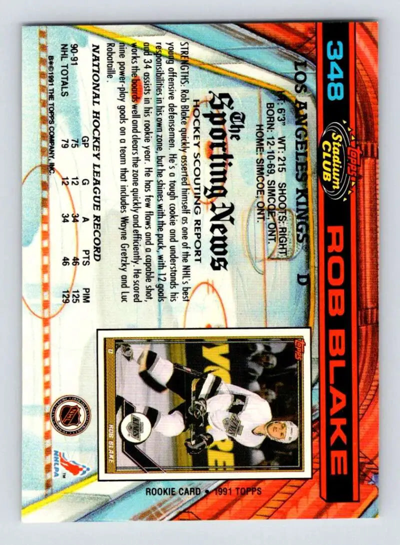 Hockey trading card featuring Rob Blake from Topps Stadium Club with reflective design