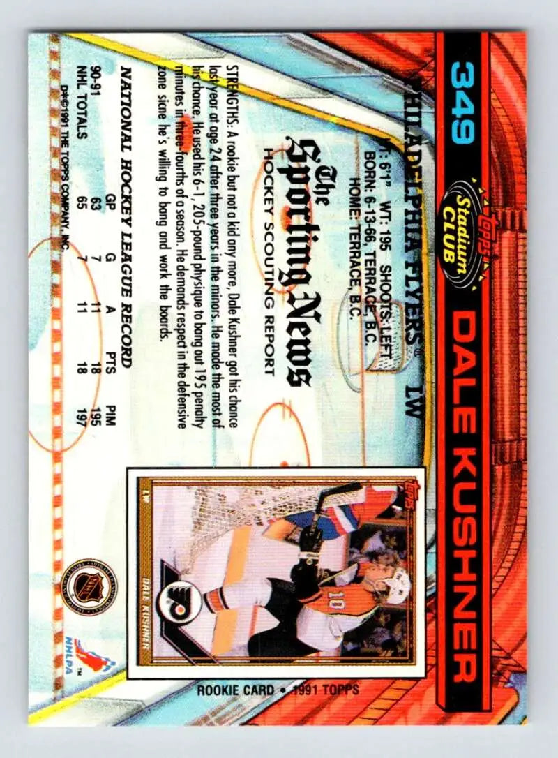 Colorful hockey card featuring Dale Kushner with geometric design, Philadelphia Flyers logo