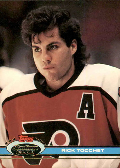 Hockey trading card of Rick Tocchet in Philadelphia Flyers jersey from Topps Stadium Club
