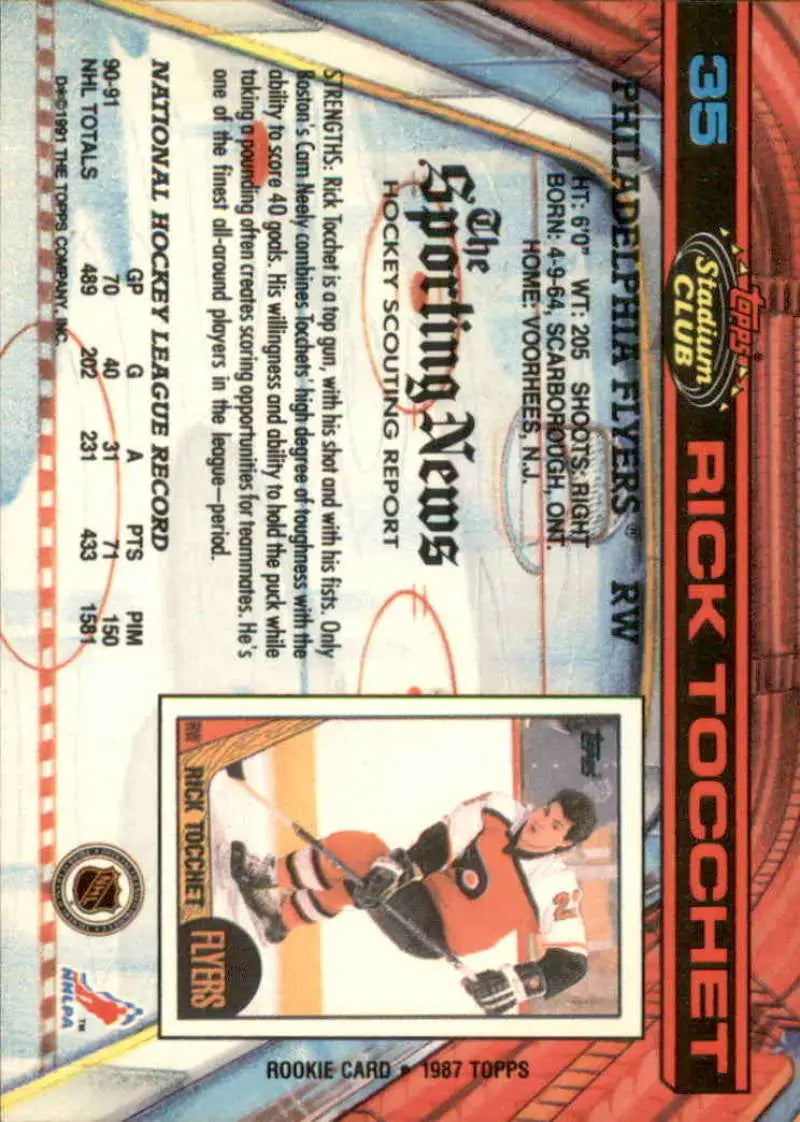 Back of 1991-92 Topps Stadium Club Rick Tocchet Philadelphia Flyers Hockey Card