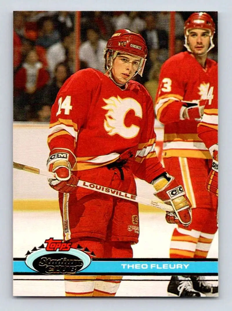 Theo Fleury Calgary Flames hockey card in red jersey number 14 from 1991-92 Topps Stadium Club