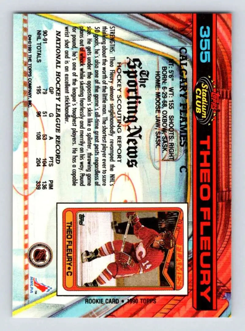 Theo Fleury 1991-92 Calgary Flames Hockey Card with red and blue holographic design