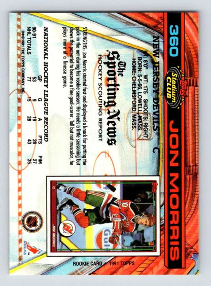 Trading card of Jon Morris in Calgary Flames jersey from 1991-92 Topps Stadium Club