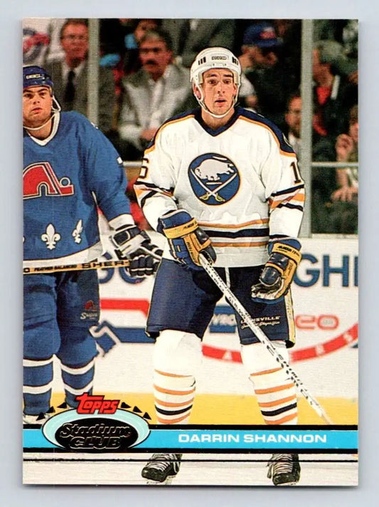 Hockey card of Darrin Shannon featuring Buffalo Sabres in white and blue uniform
