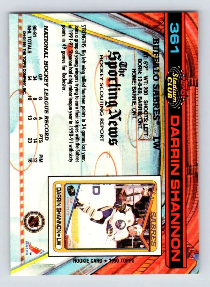 Holographic 1991-92 Topps Stadium Club hockey card of Buffalo Sabres’ Darrin Shannon
