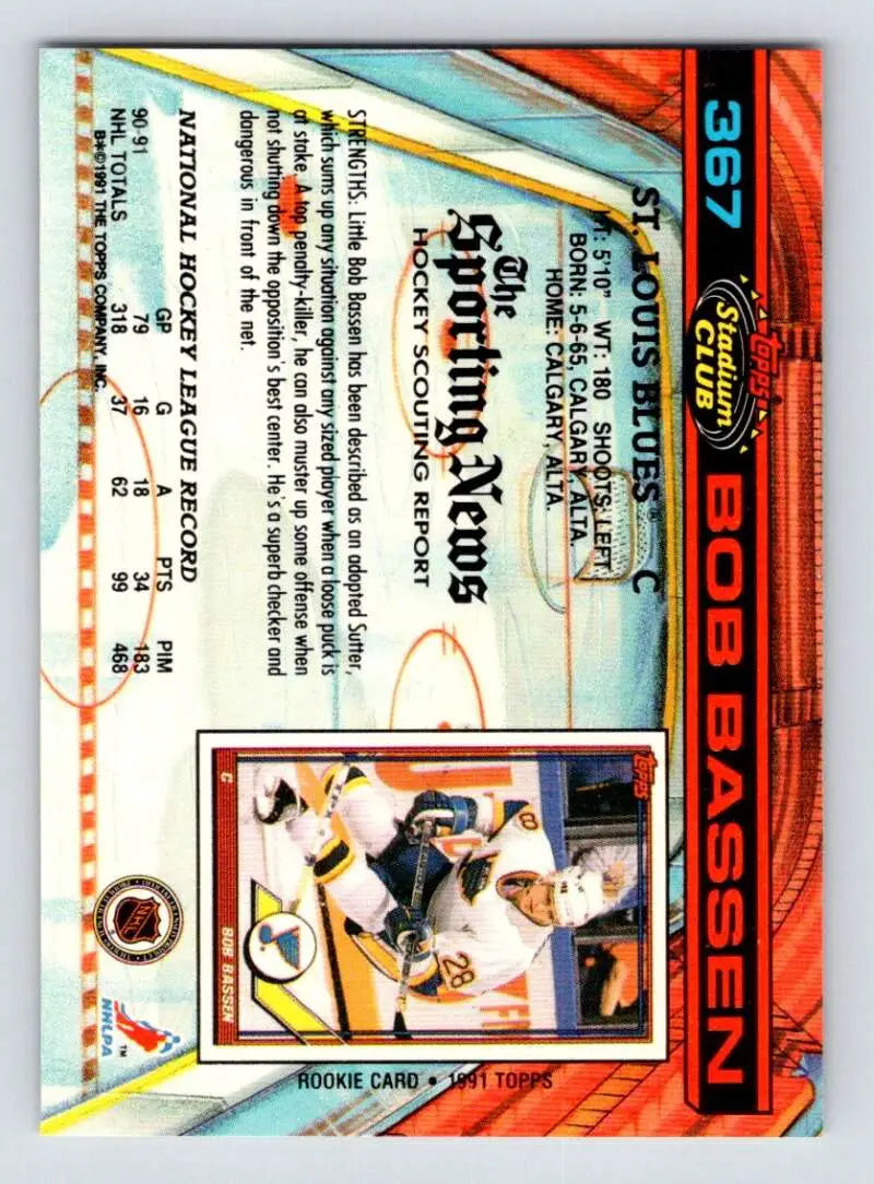 Baseball trading card featuring Bob Bassen and a vibrant Louis Blues design
