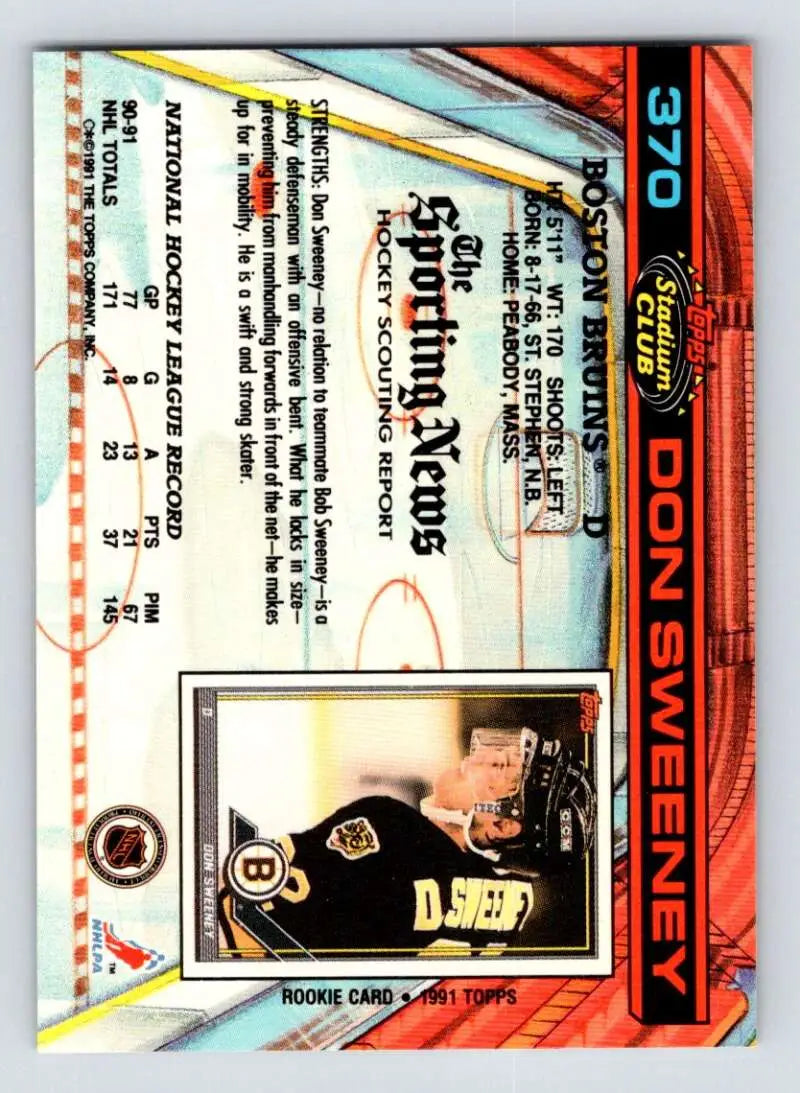 Hockey card of Don Sweeney in black Boston Bruins uniform from 1991-92 Topps Stadium Club