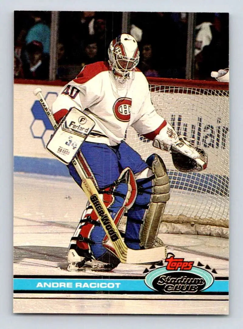 Andre Racicot making a save for the Montreal Canadiens on his hockey card