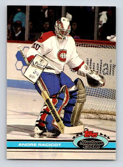Andre Racicot making a save for the Montreal Canadiens on his hockey card