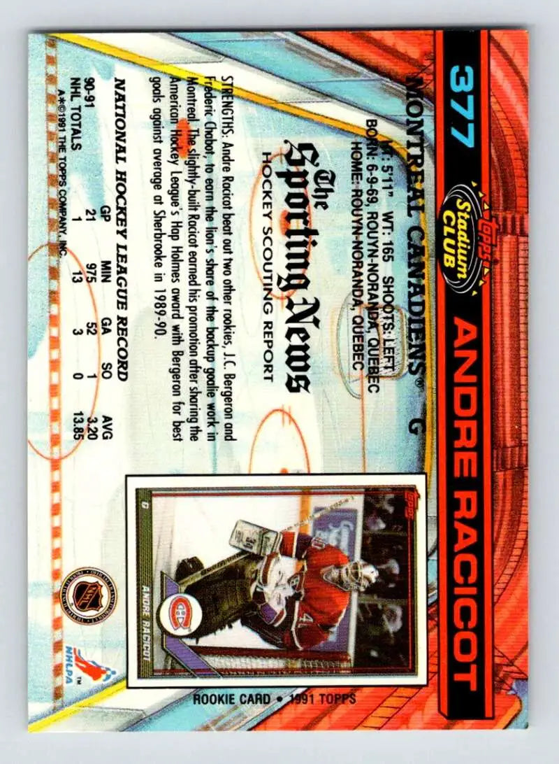 1991-92 Topps Stadium Club Andre Racicot Hockey Card featuring Montreal Canadiens design