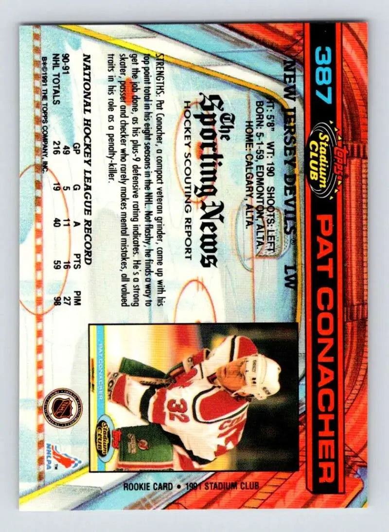 Pat Conacher New Jersey Devils trading card from 1991-92 Topps Stadium Club