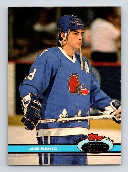 Quebec Nordiques Hockey Card featuring Joe Sakic in blue jersey with fleur-de-lis logo