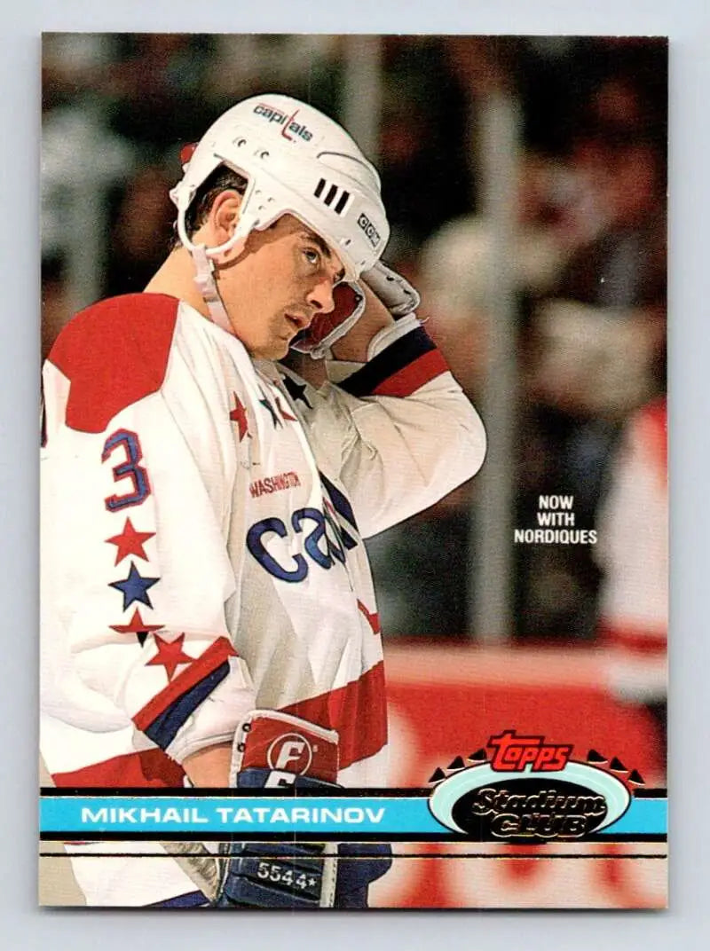 Hockey card of Mikhail Tatarinov in a Quebec Nordiques jersey with red stars