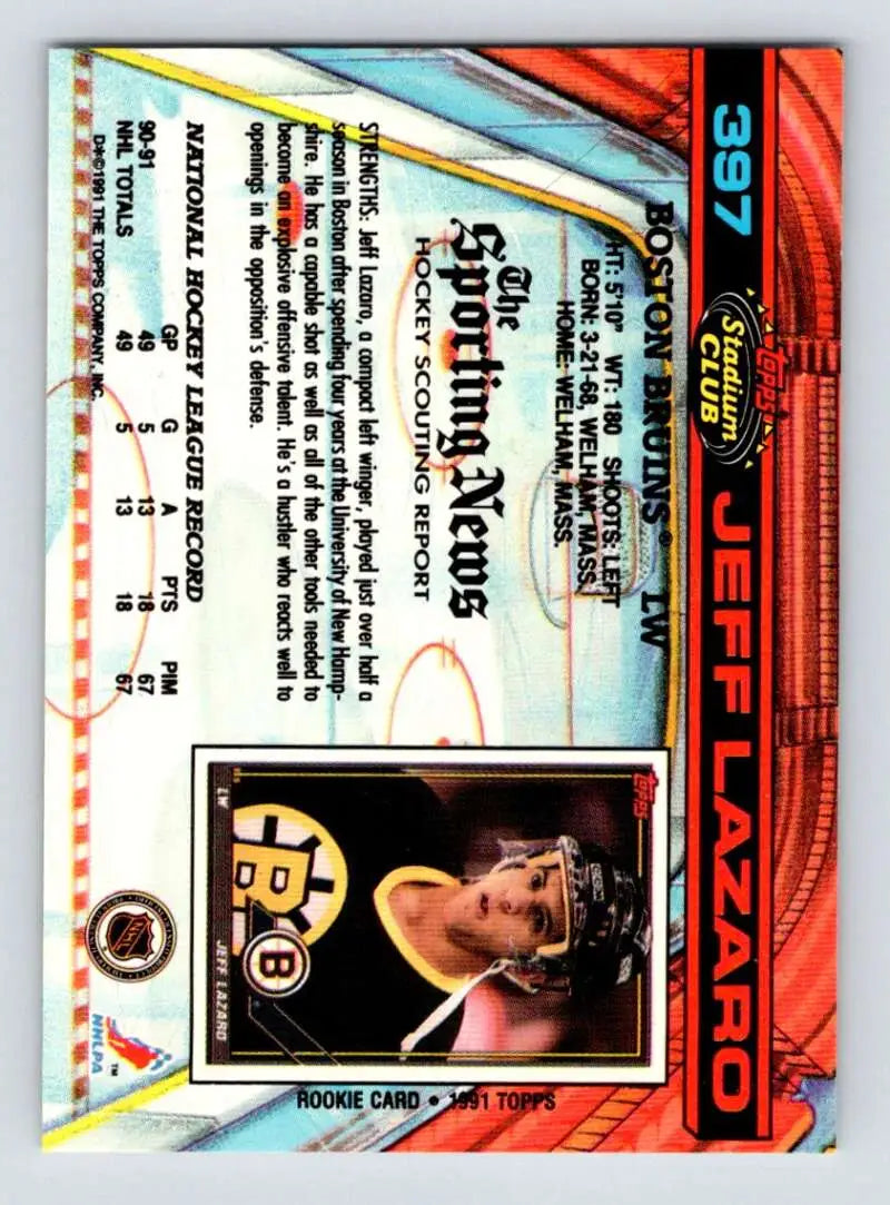 Hockey card featuring Jeff Lazaro with colorful geometric design and holographic elements