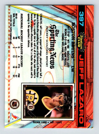 Hockey card featuring Jeff Lazaro with colorful geometric design and holographic elements