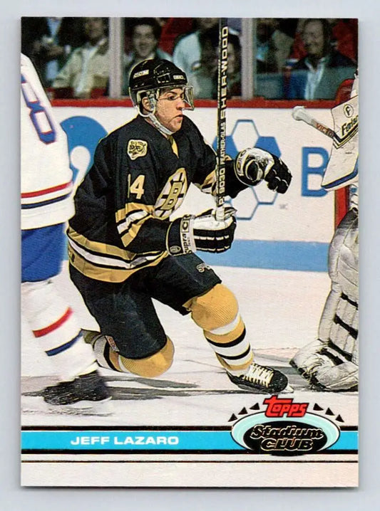 Hockey player in Boston Bruins jersey number 4 on Jeff Lazaro hockey card