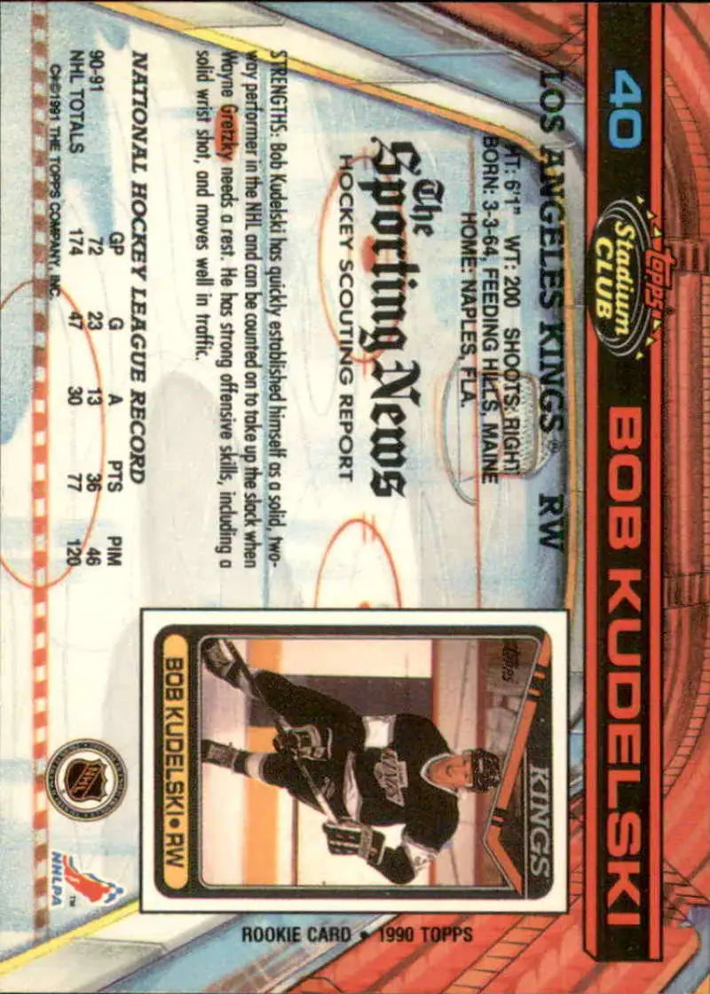 Hockey trading card of Bob Kudelski from Los Angeles Kings Topps Stadium Club series