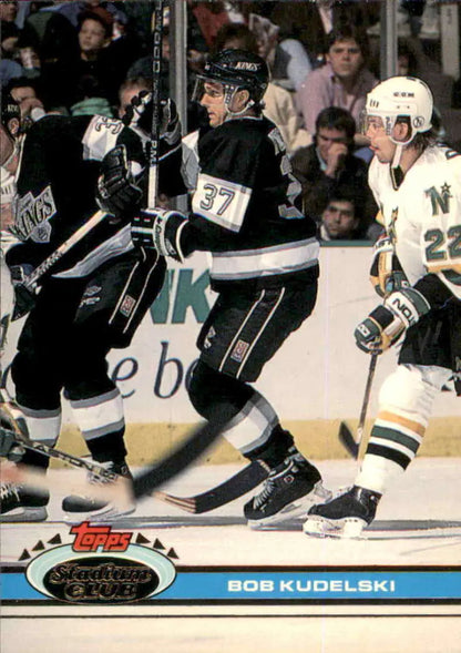 Hockey trading card featuring Los Angeles Kings player Bob Kudelski in action