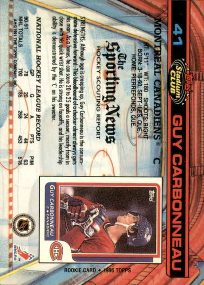 Hockey card of Guy Carbonneau in red jersey, Montreal Canadiens gameplay action