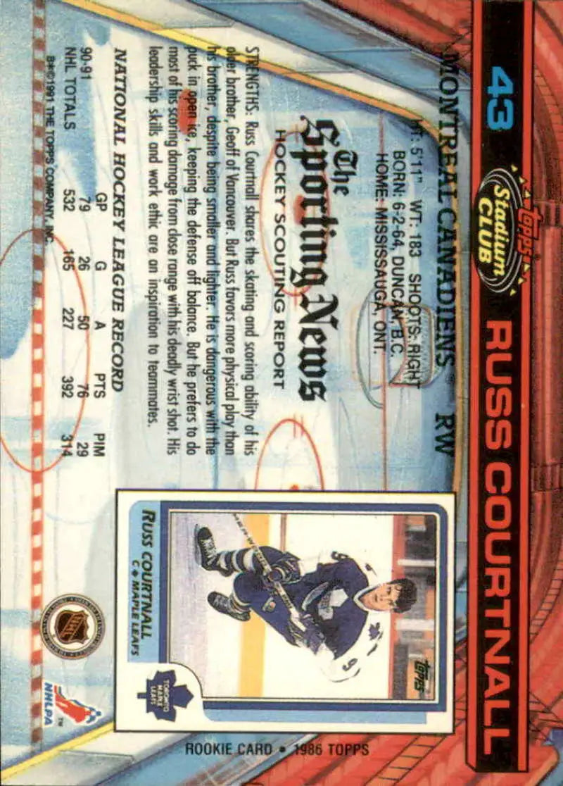 1991-92 Topps Stadium Club #43 Russ Courtnall Montreal Canadiens Hockey Card NM-MT