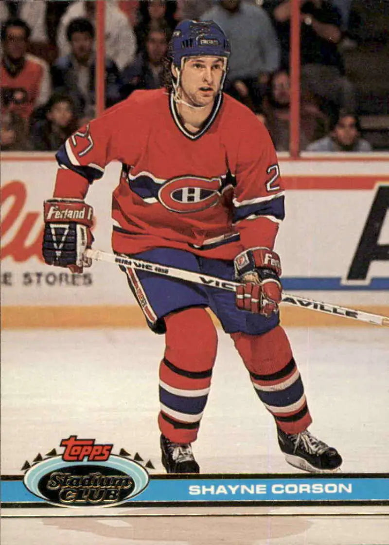 Shayne Corson in a Montreal Canadiens jersey on ice, featured on a Stadium Club hockey card