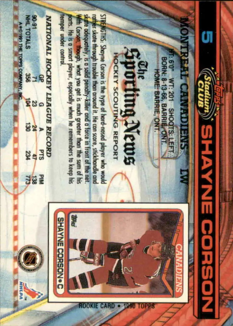 Hockey card of Shayne Corson in red and white uniform, 1991-92 Stadium Club