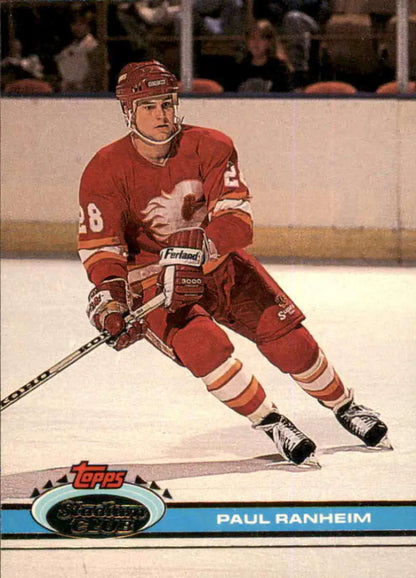 Hockey player in red Calgary Flames jersey skating, featuring Paul Ranheim Topps Stadium Club card