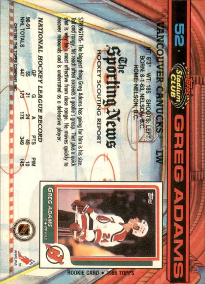Topps Stadium Club hockey card of Greg Adams in red and white uniform