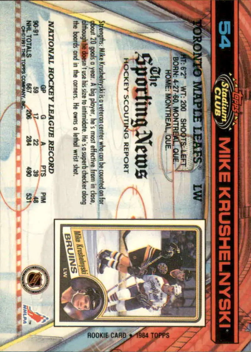 Back of 1991-92 Topps Stadium Club Mike Krushelnyski card with Toronto Maple Leafs stats