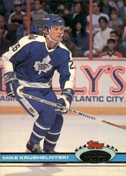 Toronto Maple Leafs trading card featuring Mike Krushelnyski in blue and white uniform
