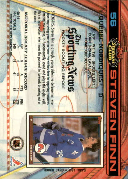 Hockey card featuring Steven Finn in Quebec Nordiques jersey from 1991-92 Topps Stadium Club