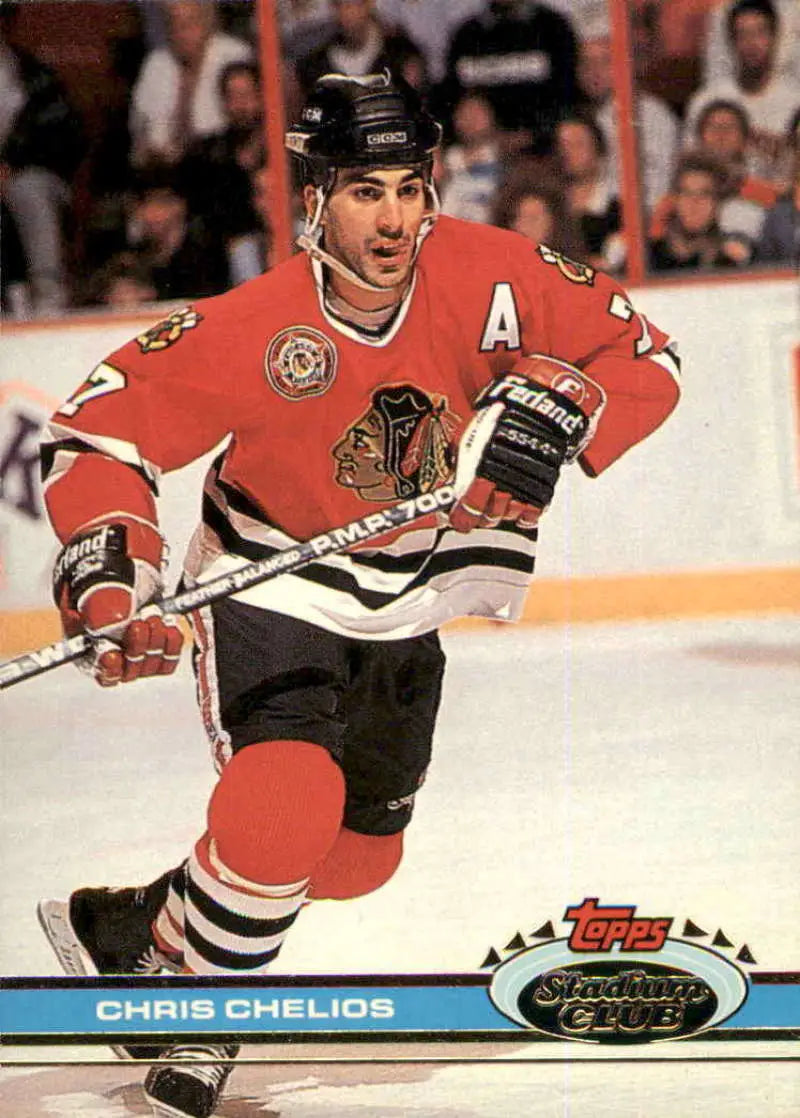 Hockey player in red and black Chicago Blackhawks jersey, featuring Chris Chelios on ice
