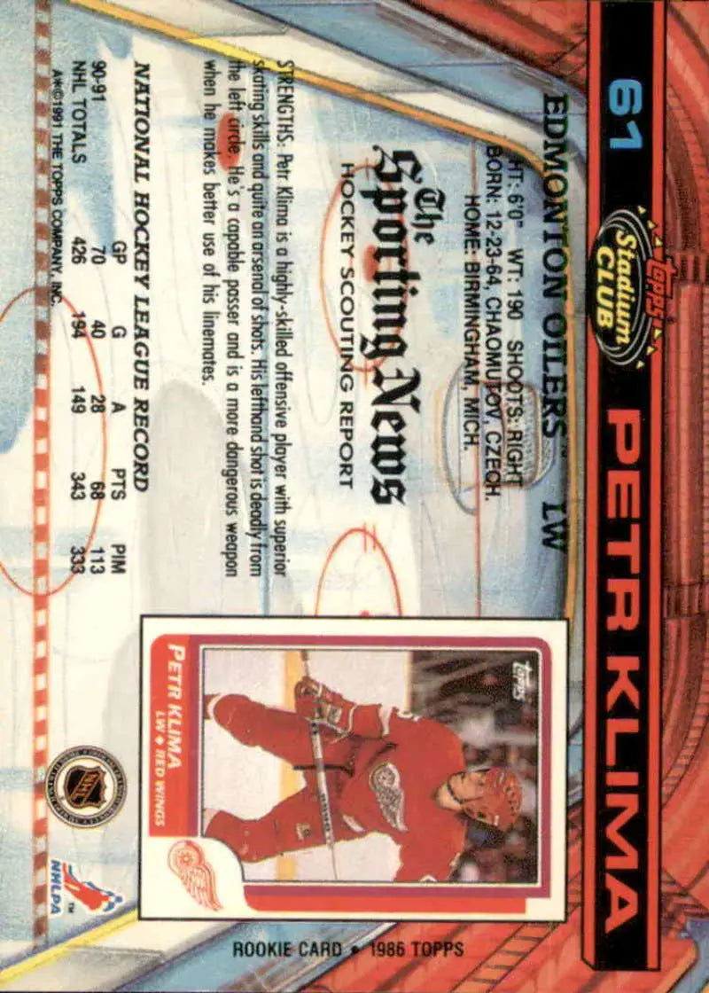 Hockey trading card featuring Petr Klima in red Detroit Red Wings uniform, Topps Stadium Club