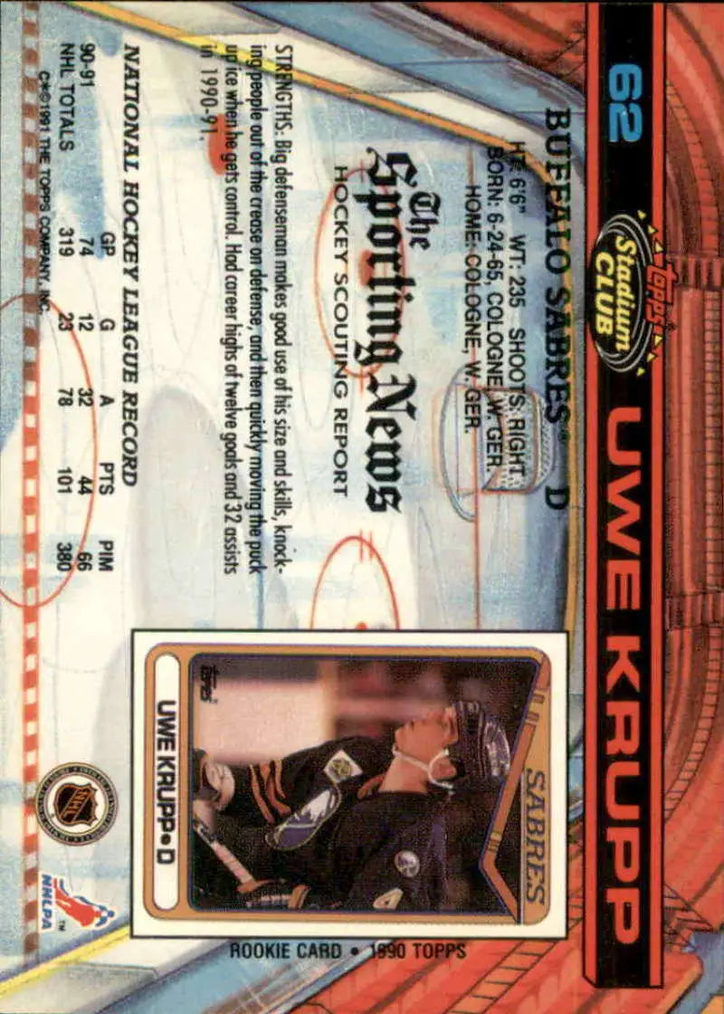 Uwe Krupp fielding a puck in a dark uniform on a Buffalo Sabres hockey card
