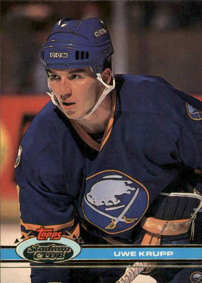 Uwe Krupp in navy blue jersey for Buffalo Sabres hockey card from 1991-92 Season