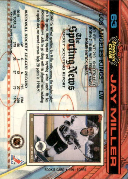 Jay Miller Topps Stadium Club card featuring the Los Angeles Kings from 1991-92 set