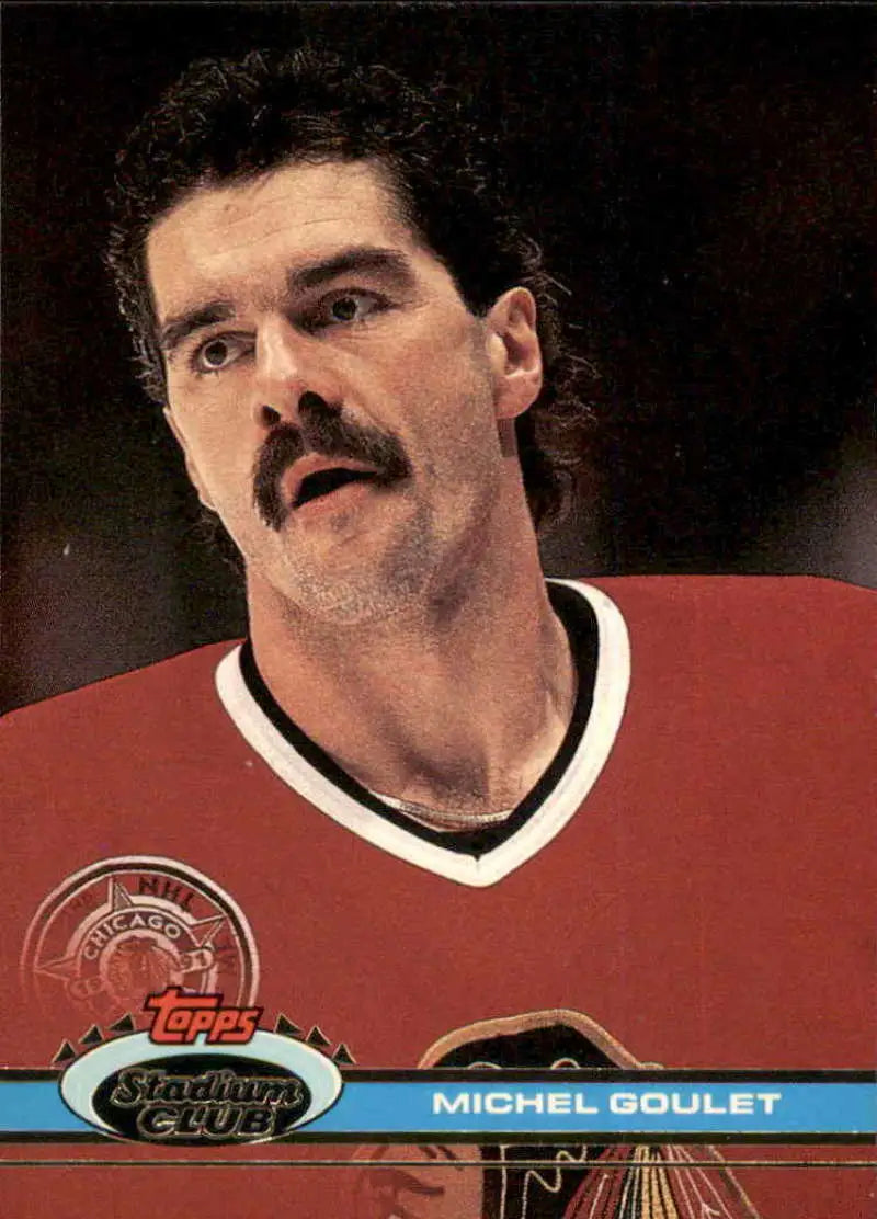 Michel Goulet in red jersey with mustache, Topps Stadium Club hockey card image