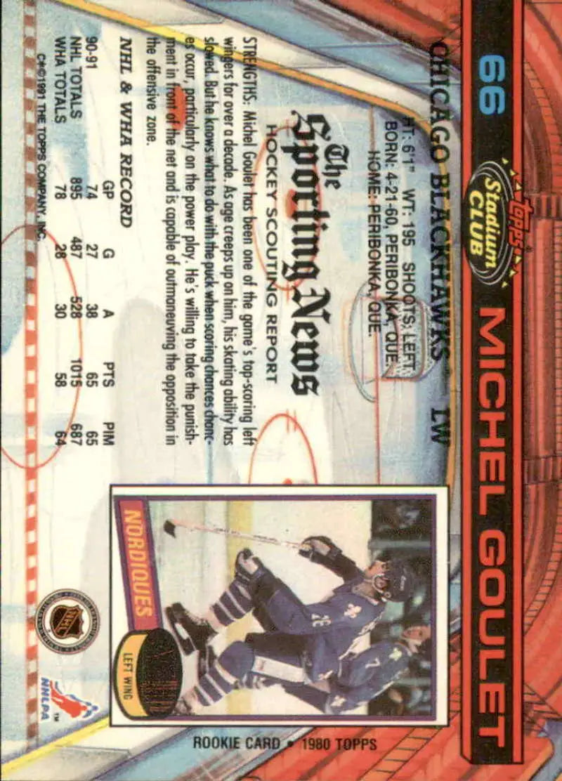Hockey trading card of Michel Goulet in blue and white for Topps Stadium Club