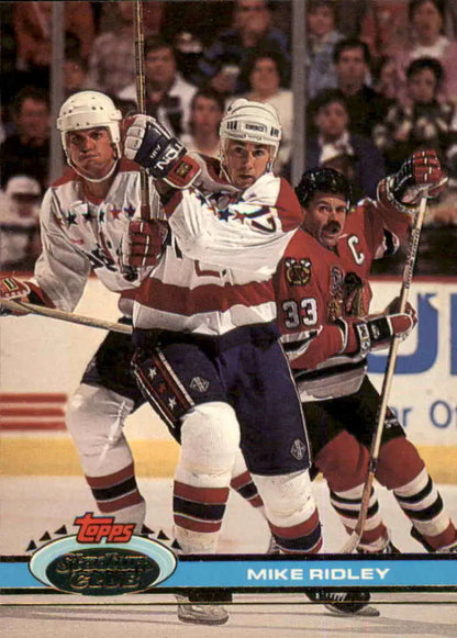 Hockey card featuring Mike Ridley of the Washington Capitals in game action