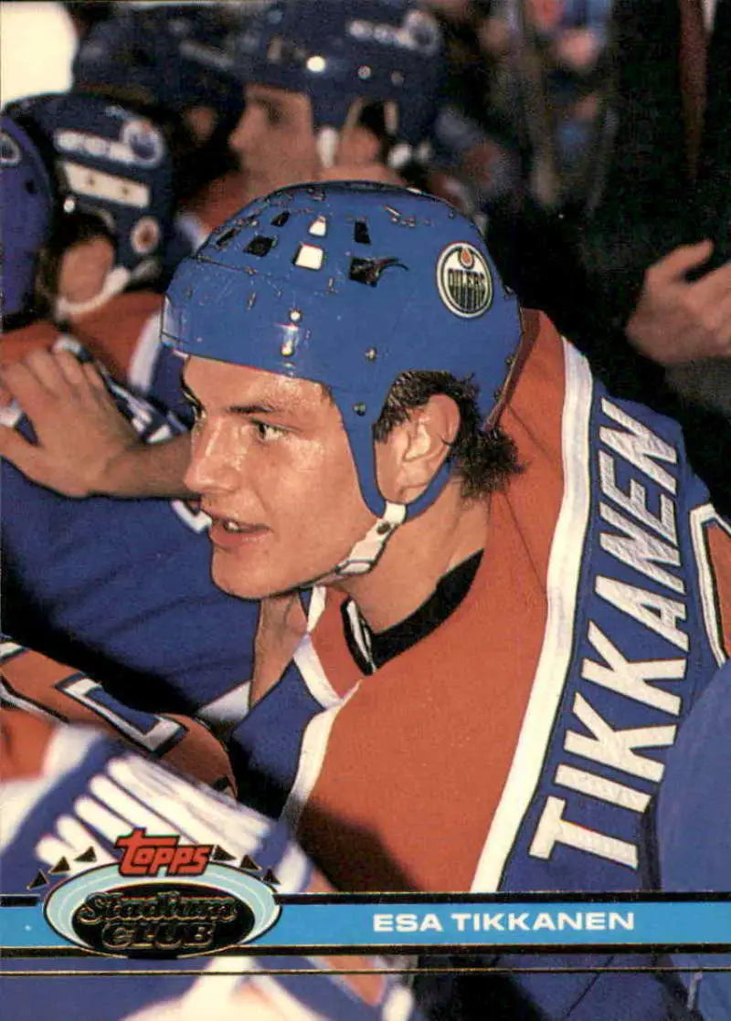 Hockey player in Edmonton Oilers jersey and blue helmet, Esa Tikkanen Topps Stadium Club card