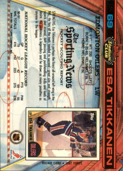 Esa Tikkanen in dark uniform on 1991-92 Topps Stadium Club Edmonton Oilers card